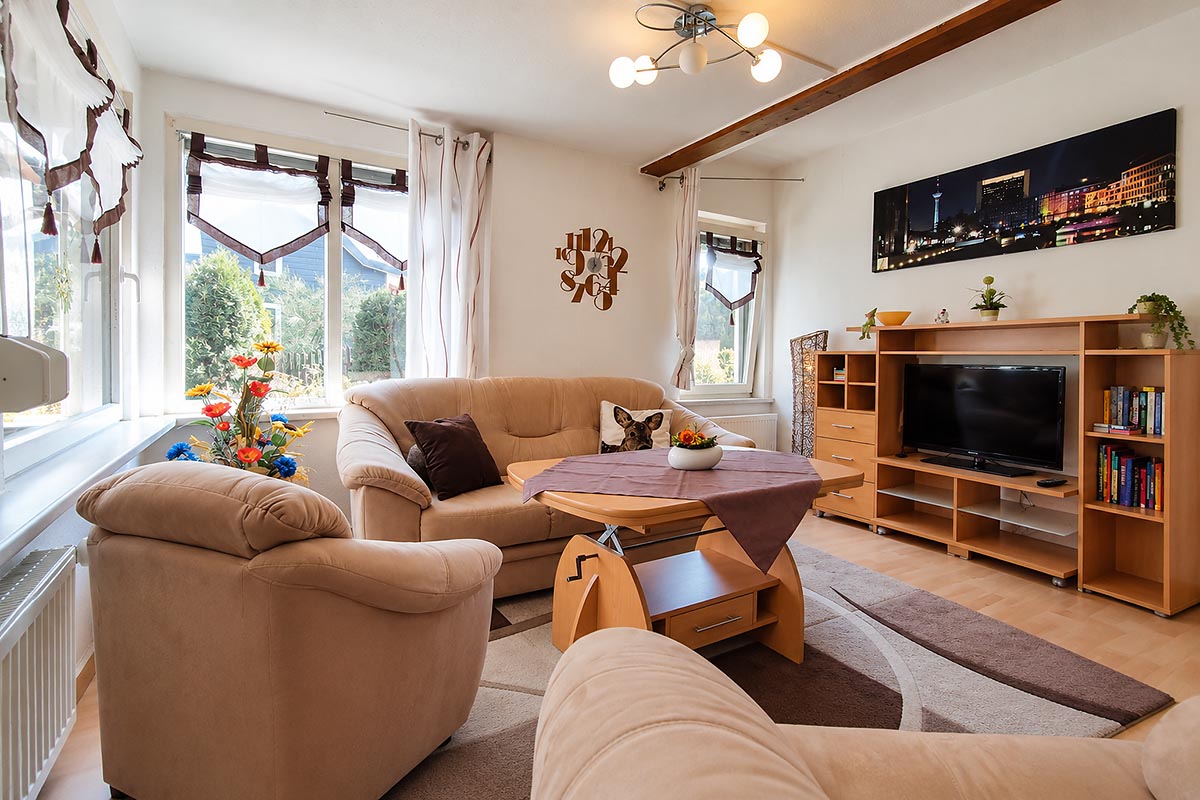 Wohnzimmer mit Couch und TV